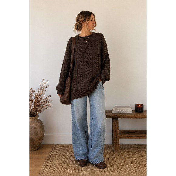 GAP Sweaters - Dark Academia Brown Cable Knit Oversized Sweater Gap Large Tall